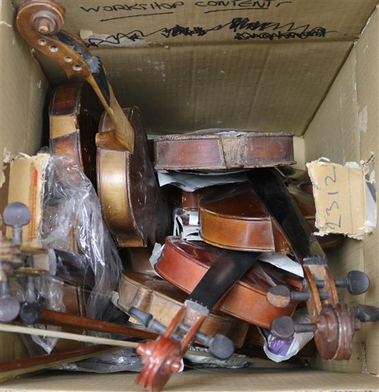 Three violins, cased and one box of violins for restoration